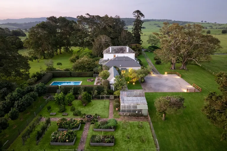 Aerial view of Terragong showing the homestead, gardens, pool and surrounding rural land